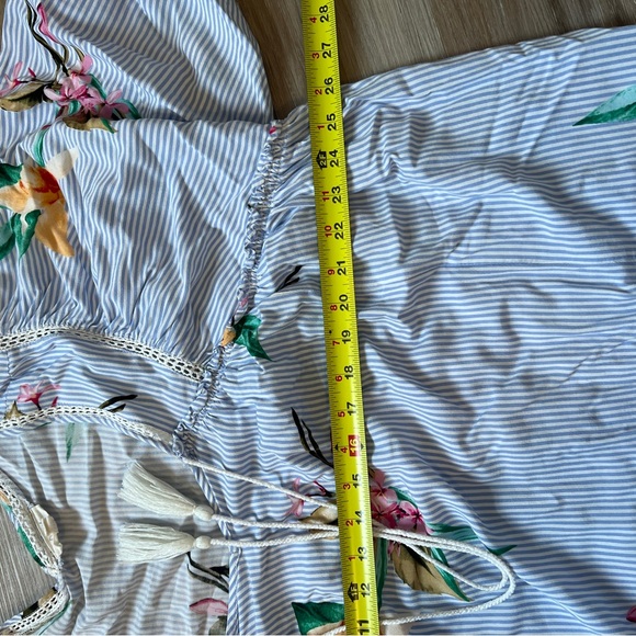 Oddi Blue Stripe Floral Peasant Blouse 1X Tassel Tie top shirt boho - Picture 5 of 6